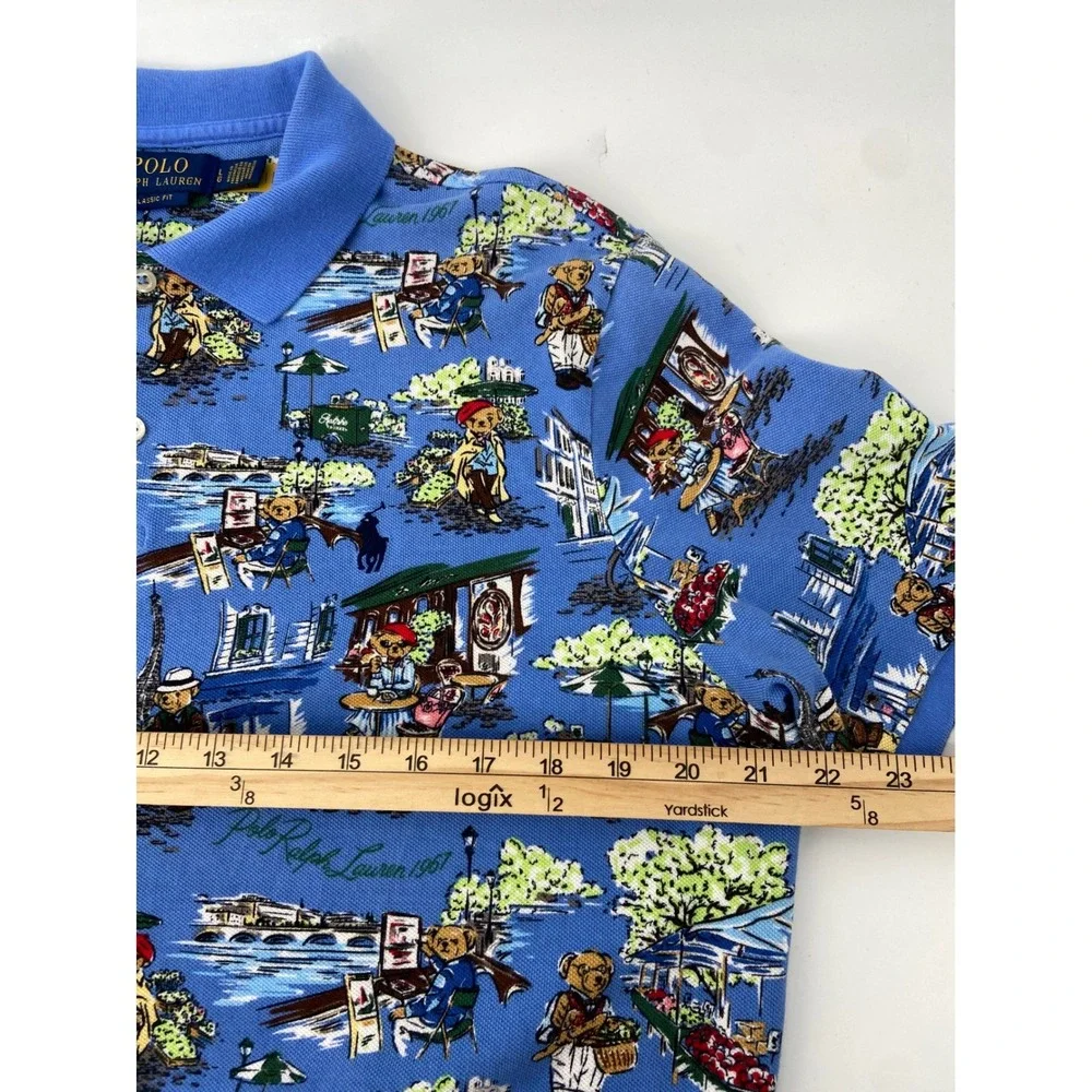 Polo Ralph Lauren Polo Shirt Men Large Blue Paris Bear Classic Fit Preppy Travel